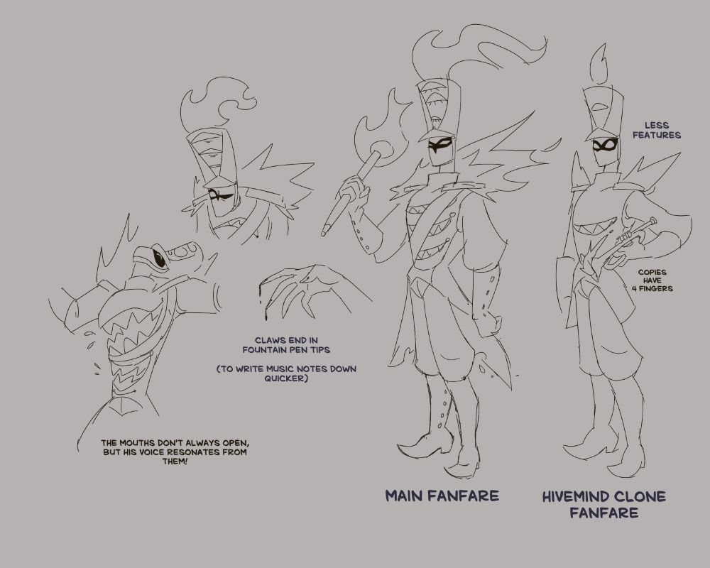 Sketches of Fanfare and one of his hivemind clones. They share the exact same personality & mental space, except due to the clones looking less detailed they immediately know they are lesser.... which usually results in them acting out in some way. Or they are playing along just fine... this guy's a bit of a wildcard and never fails to surprise himself

for better or worse
(98% of the time, for worse)