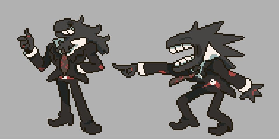 pixel effigies of my favorite dustbunny-eating shadow fear guy
one is giving you a confident thumbs up, the other is having his ganglia blown by the imminent time space continuum debacle at hand