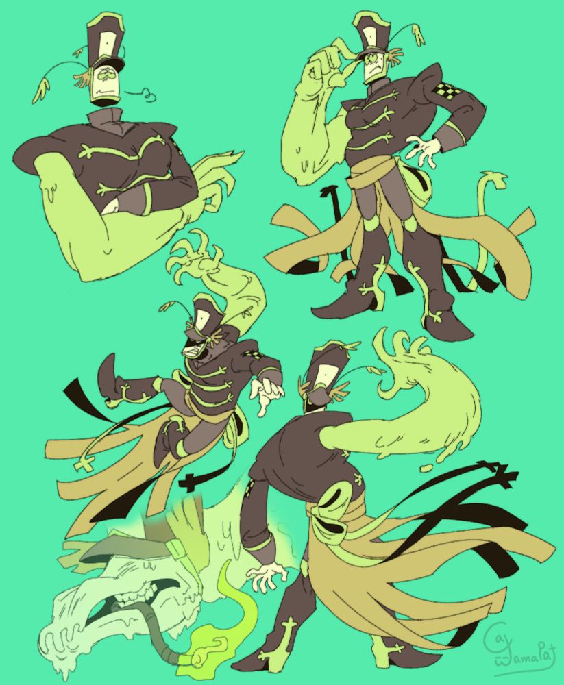 Colored sketchpage of Vampik's character, Chandler!!
A candle wax humanoid in a fancy soldier-reminiscent outfit
His right hand is notably waxier and larger, and his head levitates :D
