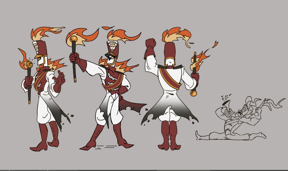 A white humanoid in a drum major marching band get-up set ablaze at his shoulder pads and on top of his hat where a feather'd be
Adorned with a sash, Fanfare wields his flaming staff with pride. Instead of having his mouth on his face, Fanfare's 3 mouths are placed on his torso instead. Two yellow eyes are framed on his face by a small mask. But he has more eyes to offer, 3 in fact. Which are arranged vertically across his hat! His main color scheme is white, black, red, yellow. Classic