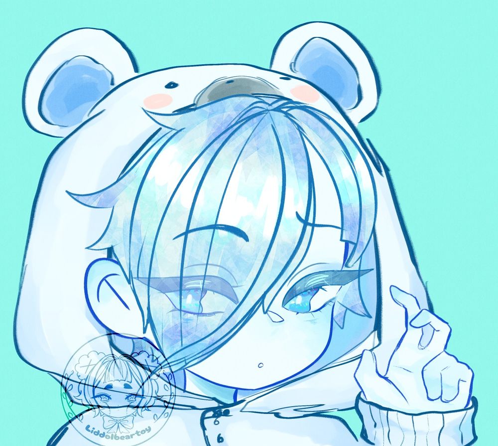 Antarcticite from the series Land of the Lustrous in a polar bear onesie posed awkwardly with a peace sign
