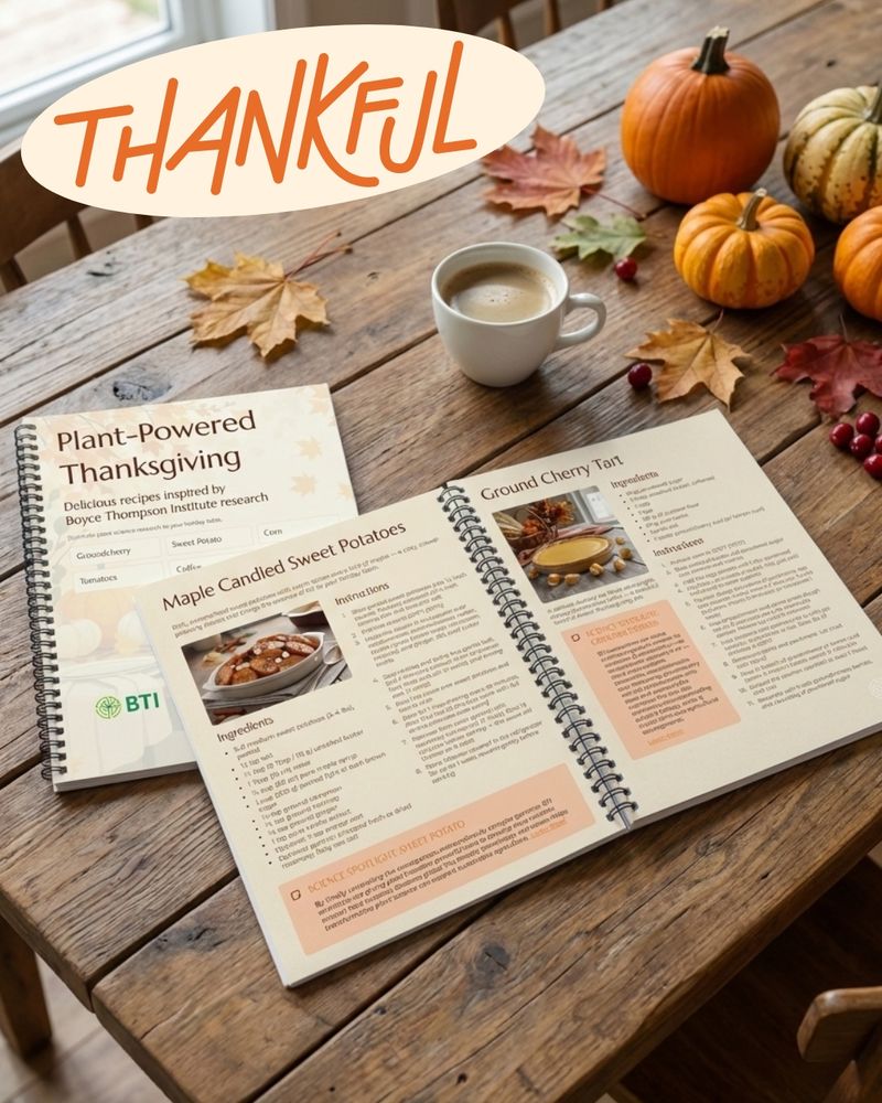 A cozy autumn-themed scene featuring a wooden table decorated with pumpkins, colorful fall leaves, and cranberries. On the table are two spiral-bound cookbooks, one titled Plant-Powered Thanksgiving and another opened to recipes for “Maple Candied Sweet Potatoes” and “Ground Cherry Tart.” A white coffee cup filled with a warm beverage sits nearby. At the top left, the word “THANKFUL” is written in large orange script inside an oval shape.