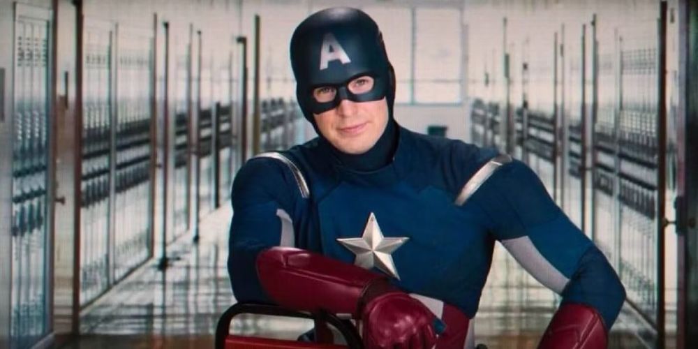 Captain America sits backwards in a chair in a school hallway, about to drop a public service announcement like a cool dude