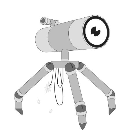 a telescope with legs and a single large eye where the lens would normally be. Wires dangle from its tripod, sparking.