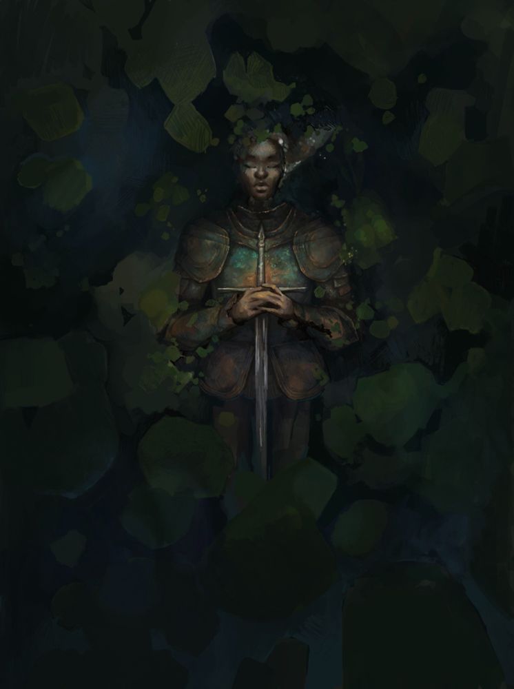 An armoured figure lays in a dark, shallow bed of water with her hands resting on a sword. the figure is partially covered by lilypads of varying sizes. rusty armoooour