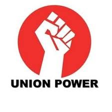 Simple graphic of a raised fist in a red circle, over the slogan UNION POWER