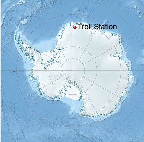 Map of Antarctic with the mark for Troll Station