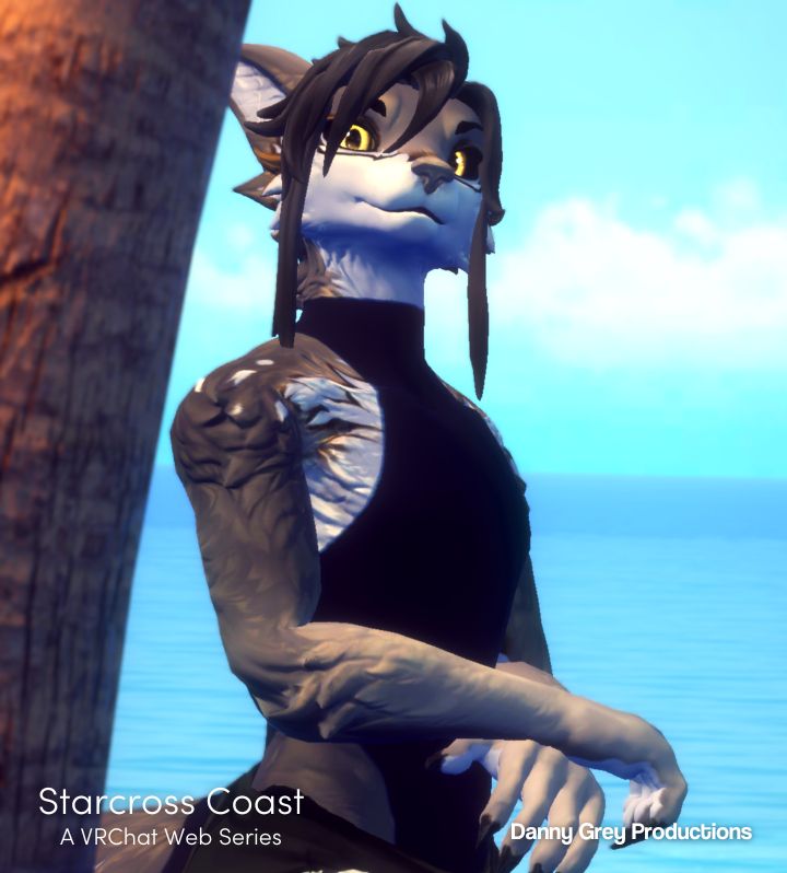 A picture of Jean in a beach background. Jean is a dragon who's a character for the VRChat web series Starcross Coast by Danny Grey Productions.