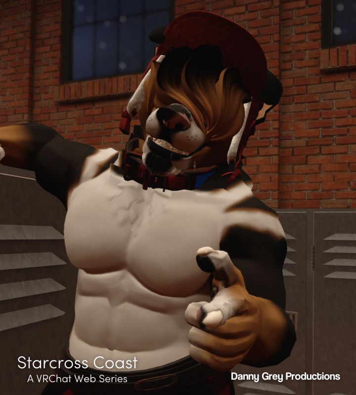 A picture of Ross with gym lockers. Ross is a mountain Bernese dog who's a character for Starcross Coast by Danny Grey Productions.