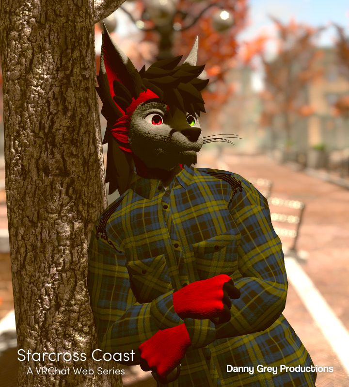 A picture of Kane leaning on a tree in an autumn world. Kane is a character for the VRChat web series Starcross Coast by Danny Grey Productions.