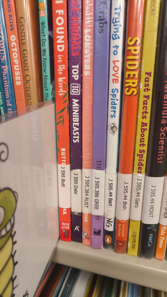 A row of children's nonfiction books sit on a metal shelf. Each book has a label on the spine with a call number. The first book has a call number of J 595 Butt.