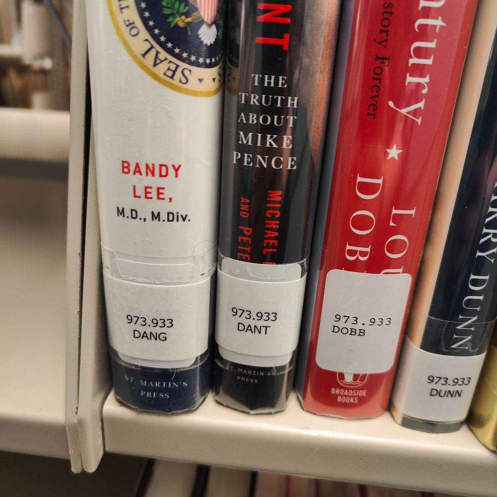 Some nonfiction books on a shelf at my local library. The call number is "973.933 Dang." 