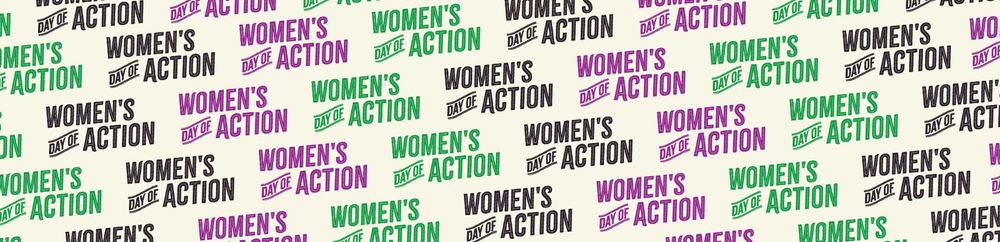 Background banner with the words 'women's day of action' in different colours on a cream background. 