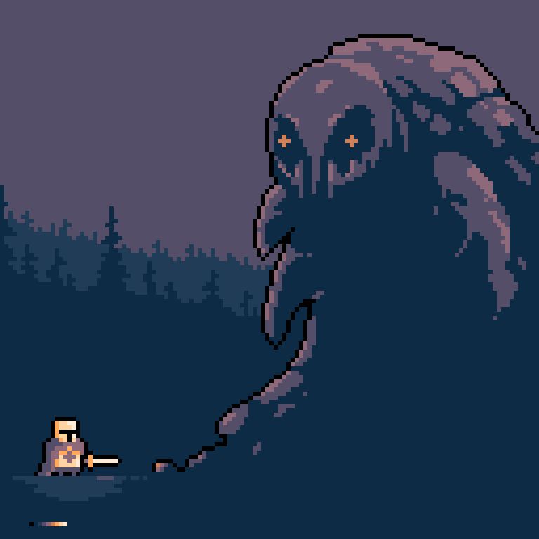 tiny knight vs big blob of darkness, pixel art
