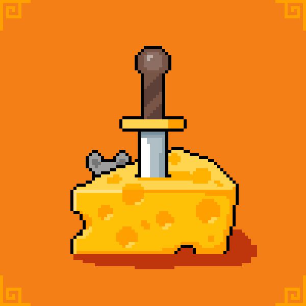 pixel art drawing of a dagger stuck in a piece of cheese. rat / mouse hiding behind the cheese, ears poking out