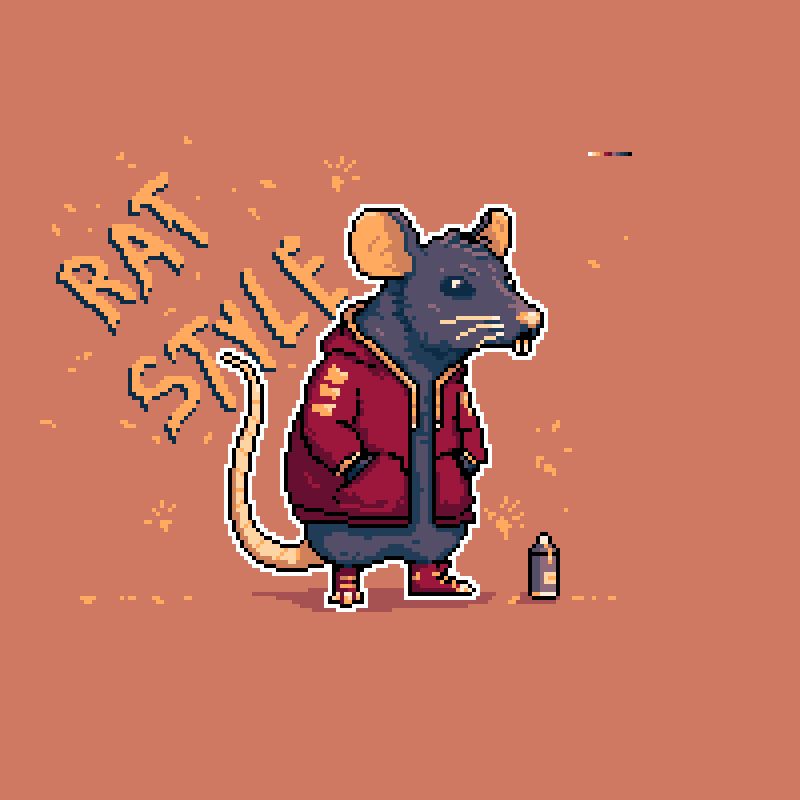 pixel art rat in a red jacket with a spray can, text behind says "rat style"