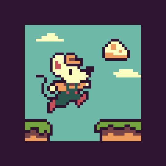 Pixel art rat in retro-platformer style jumps towards a piece of cheese