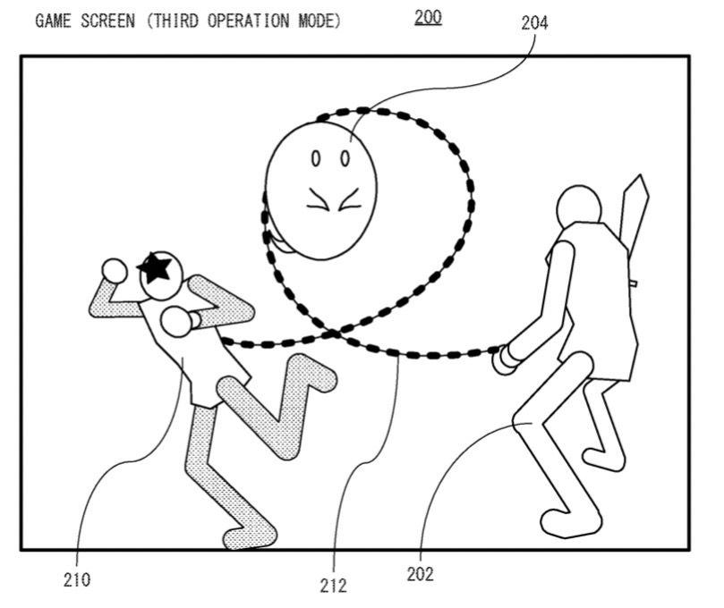 Illustration from a 2019 patent filing by Nintendo depicting a figure holding a sword representing a player character in a video game being assisted by a humanoid figure with a star on its head as they wrap a chain around a enemy character depicted as a round figure with eyes and animal-like arms.