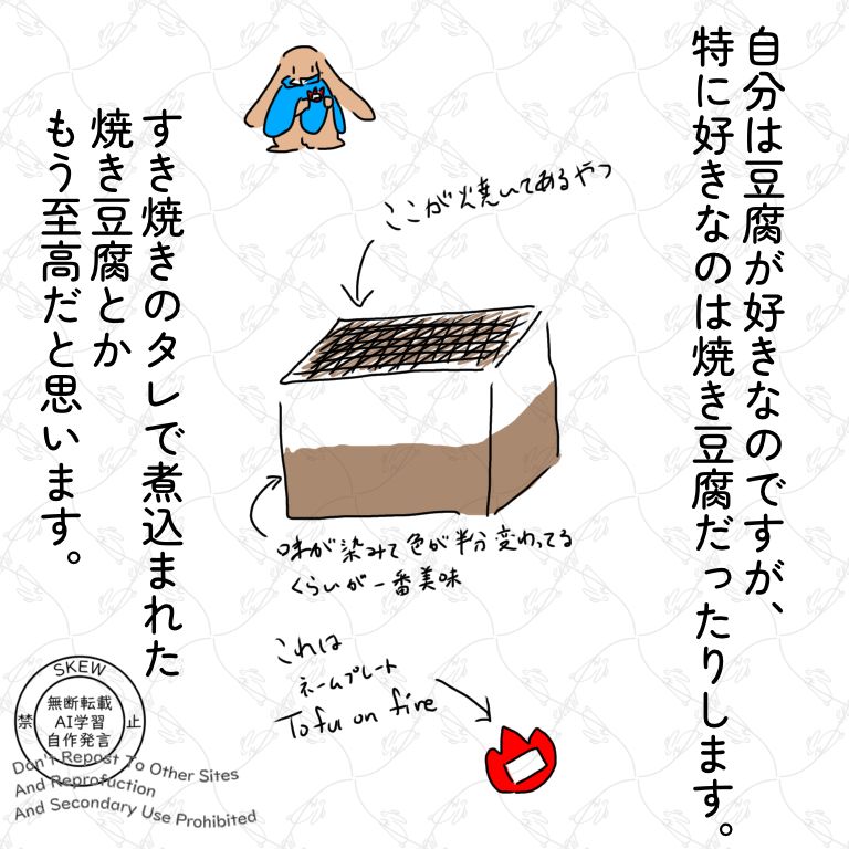 自分は豆腐が好きなのですが、特に好きなのは焼き豆腐だったりします。
すき焼きのタレで煮込まれた焼き豆腐とかもう至高だと思います。
画像には半分味が染みて色の変わっている一番美味しい焼き豆腐と、Tofu On Fire（ネームプレート）と、ネームプレートを着けているホーランドロップイヤーが描かれています。