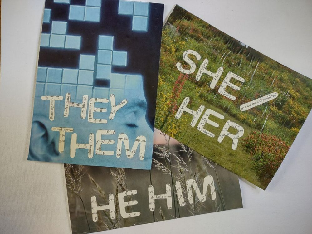 Pronoun Postcards, One-of-a-kind She/her, They Them, and He Him Pronoun Collage Postcards With Book Page Letters, Handmade 5x7 Postcards - Etsy