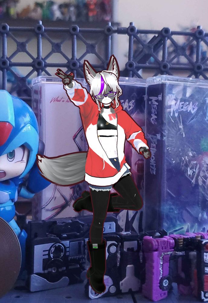 a coyote anthro in front of casette tapes