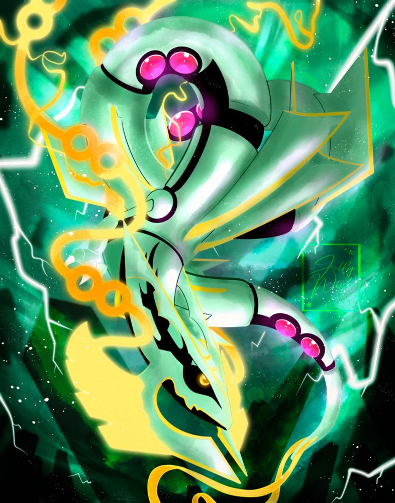 Mega Rayquaza is all his glory against a green and black background with lightning.
