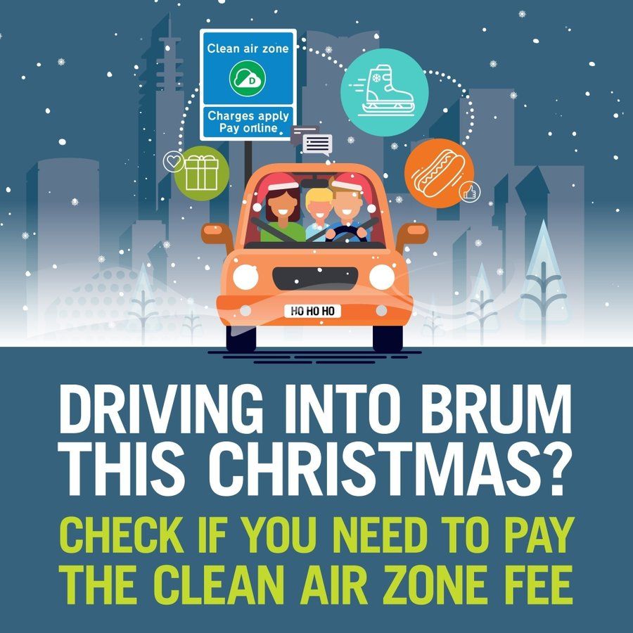 Cartoon image of family in orange car.
Text says: Driving into Brum?
Clean Air Zone
Charges apply - pay online