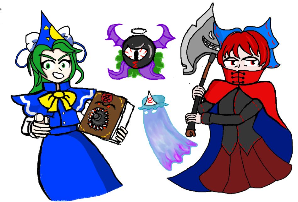 A collage of Mima as Merasmus, Evil Eye Sigma as MONOCULUS (I guess), one of the map hazard ghosts as Yuyuko and Sekibanki as the Horseless Headless Horseman