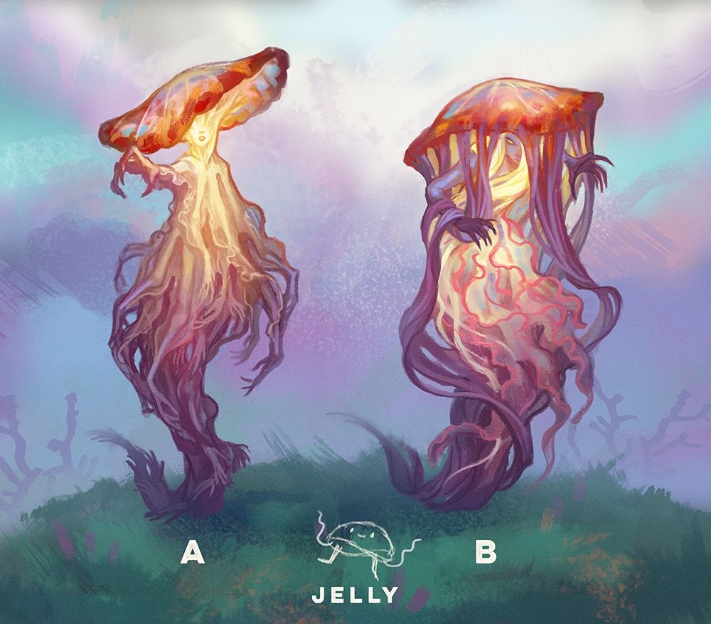 Painted sketches exploring two different designs of a lady/jellyfish fusion. There are a lot of hands. An unsettling number of hands.