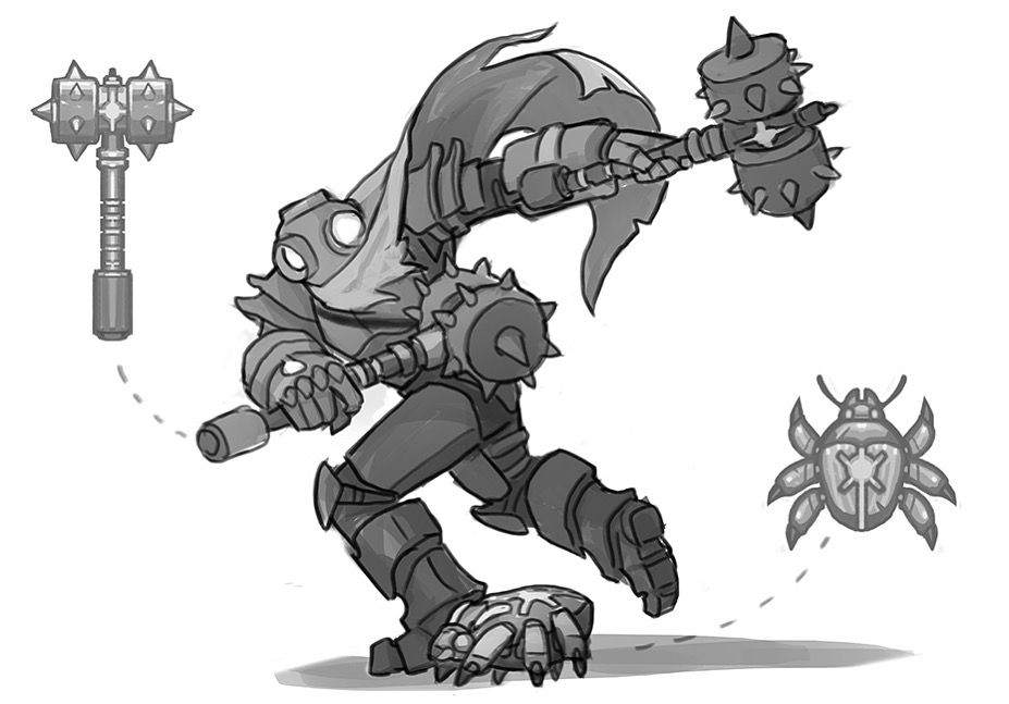 Sketch of a figure in a sci-fi deep sea delver suit swinging maces (mauls? Spikey heavy things)