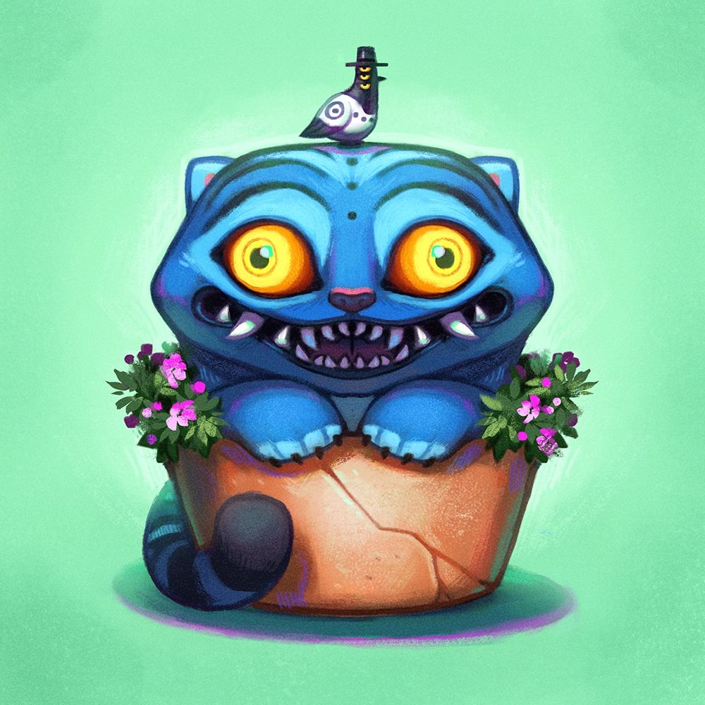 Fan art of kpop demon hunters showing the tiger chilling in a flowerpot with the magpie on its head.
