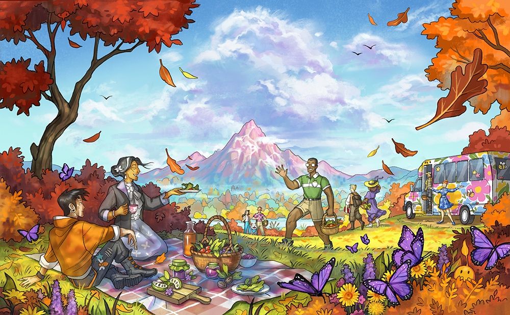 Digital painting of a scenic picnic in the fall