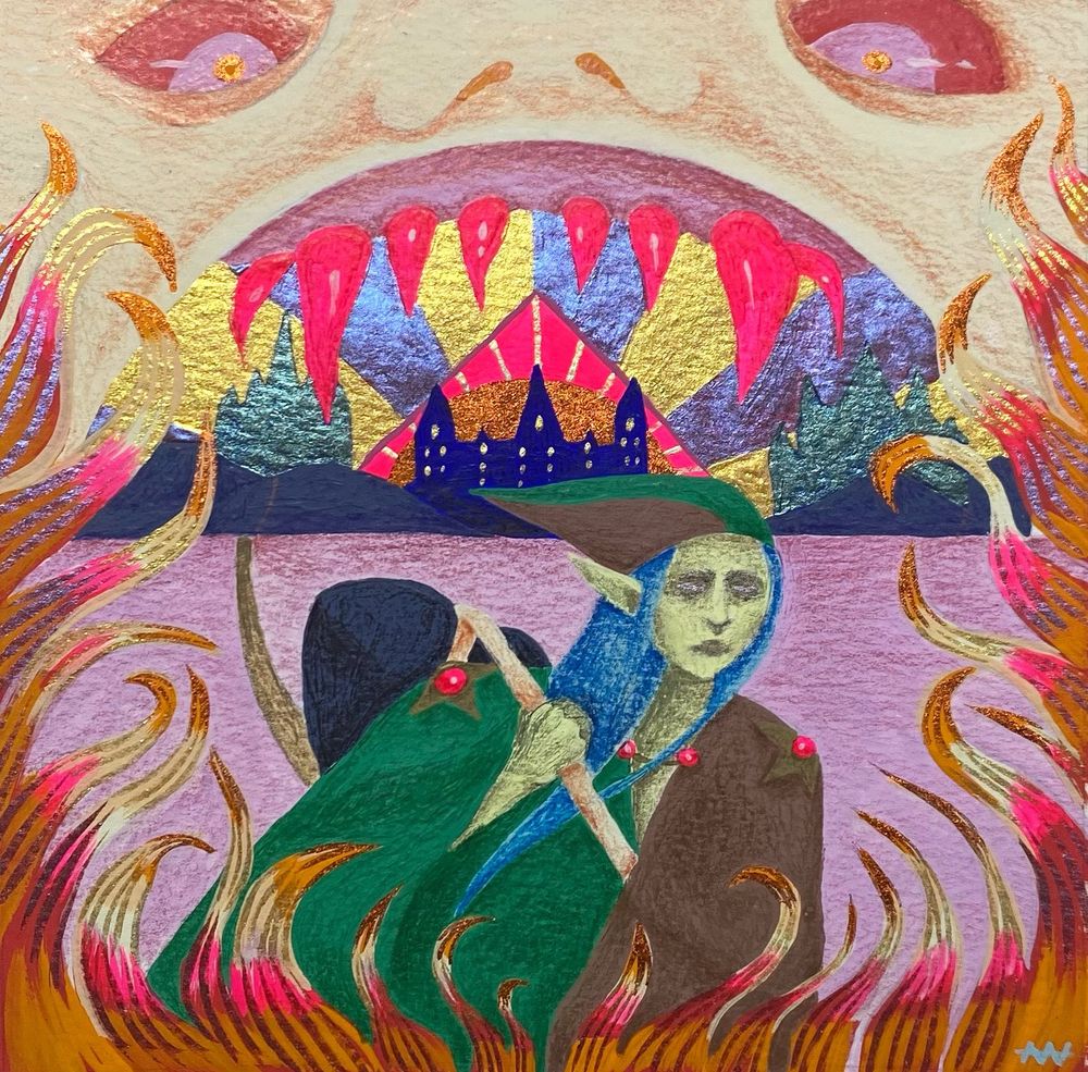 Illustration of a sad elf wearing a pointy hat fleeing a hell mas and foreboding castle