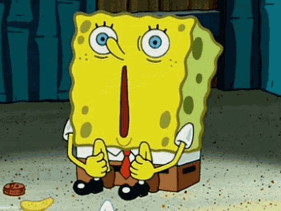 SpongeBob sitting on the floor with his knees drawn to his chest. His eyes are wide and mouth held wide open as he mouth breathes. 