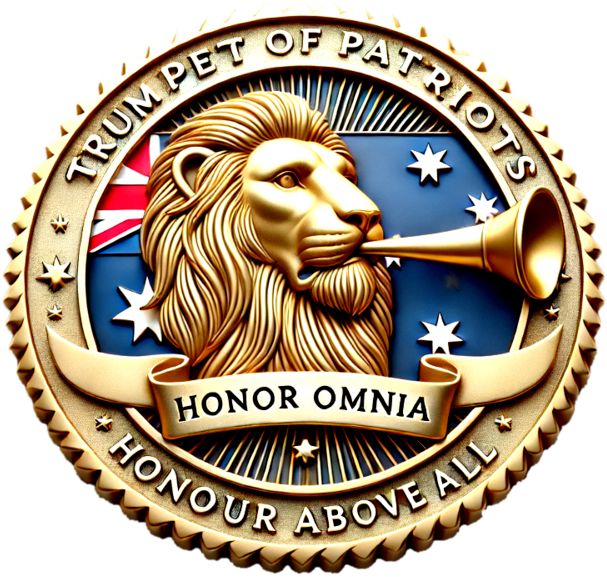 Logo do partido australiano Trumpet of Patriots. O logo é em 3D, gerado por IA, no formato de uma roda dourada com as bordas serrilhadas. Os detalhes contém a habitual distorção feia típica de imagens geradas por IA. Na bordas, se lê “Trumpet of Patriots” em cima e “Honour Above All” embaixo. Uma faixa dourada estende-se na parte debaixo com a frase “Honor Omnia” inscrita. No centro, há no fundo uma versão tridimensional da bandeira da Austrália e pela frente uma imagem horrorosa de uma cabeça dourada de um leão tocando uma corneta.