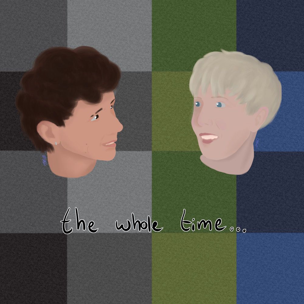 A digital drawing of Dan and Phil's faces, looking at each other with happy expressions. The background is their iconic bed sheets checker pattern and below them reads the text "the whole time..."
