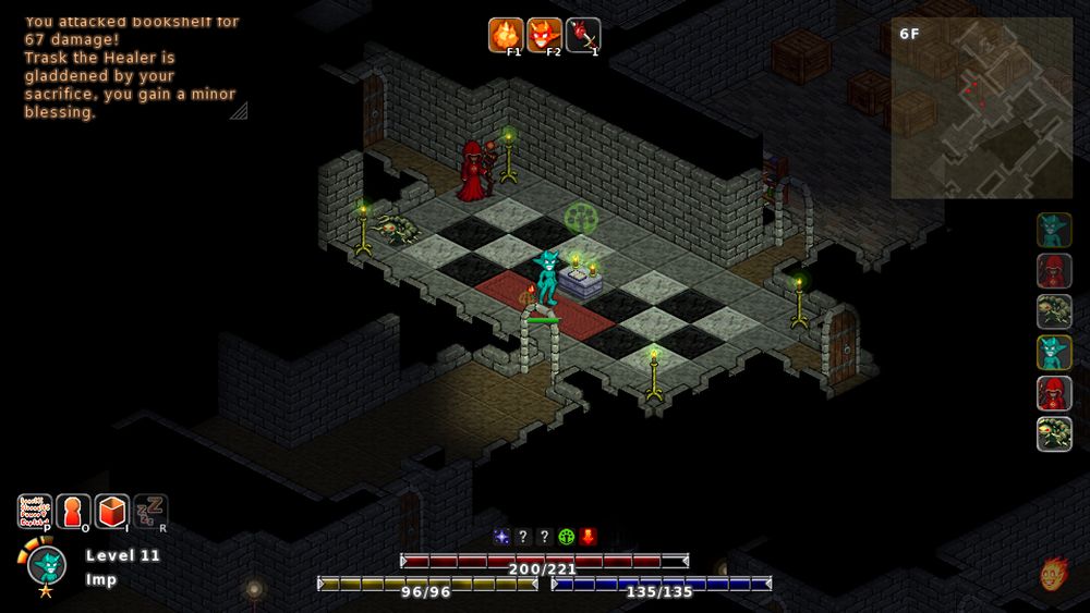 midboss screenshot of a shrine. the shrine is illuminated by the player's line of sight, but it creeps through a door just below the player, then stops