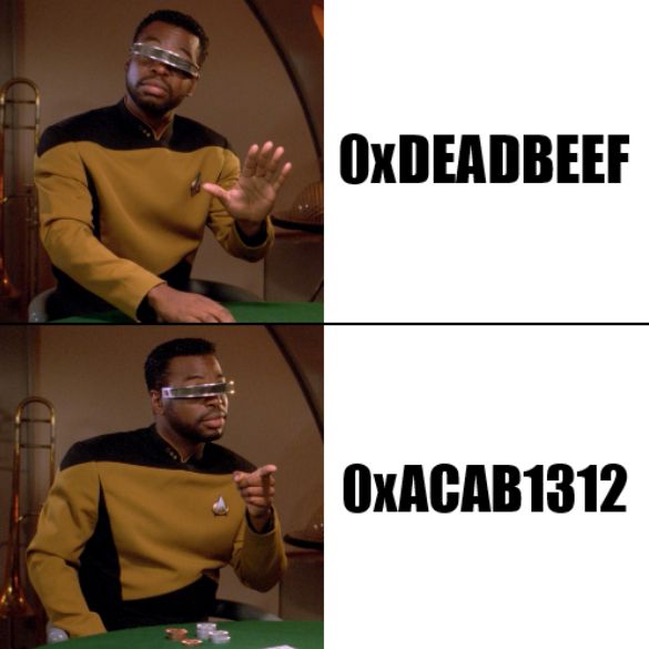 geordi laforge saying nah to 0xDEADBEEF but saying yea to 0xACAB1312