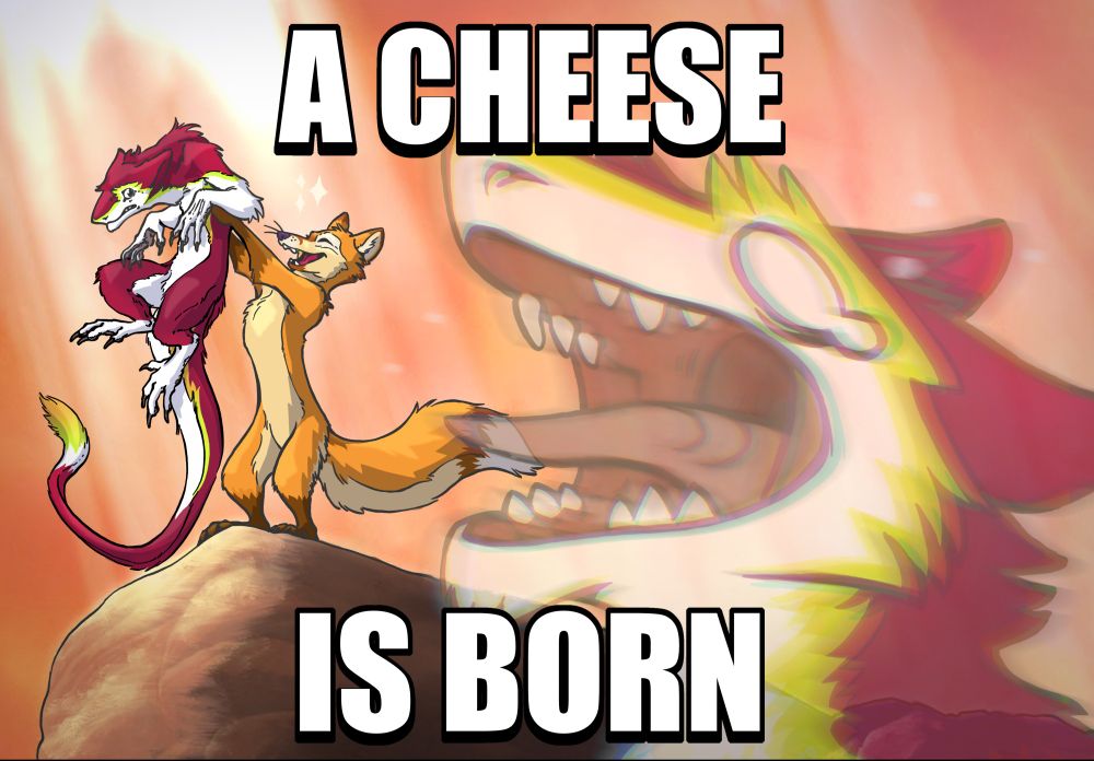 A fox holds up a sergal like Rafiki holding up baby Simba from the Lion King. In the foreground, there is a blurred closeup of said sergal screaming.