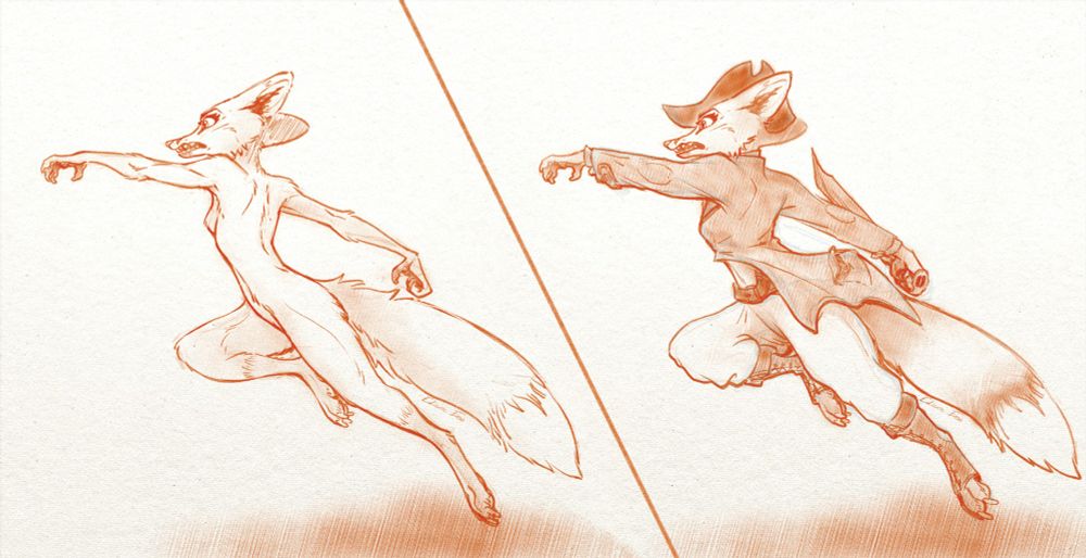 A side-by-side sketch of Lucia the pirate vixen in a leaping pose, swinging a sword. The left sketch shows the "anatomy pass" done before adding clothes. Artistic nudity, but nothing is showing. 