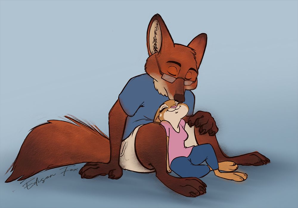 An anthropomorphic red fox affectionately kisses the top of the head of an anthropomorphic bunny sitting in front of him.