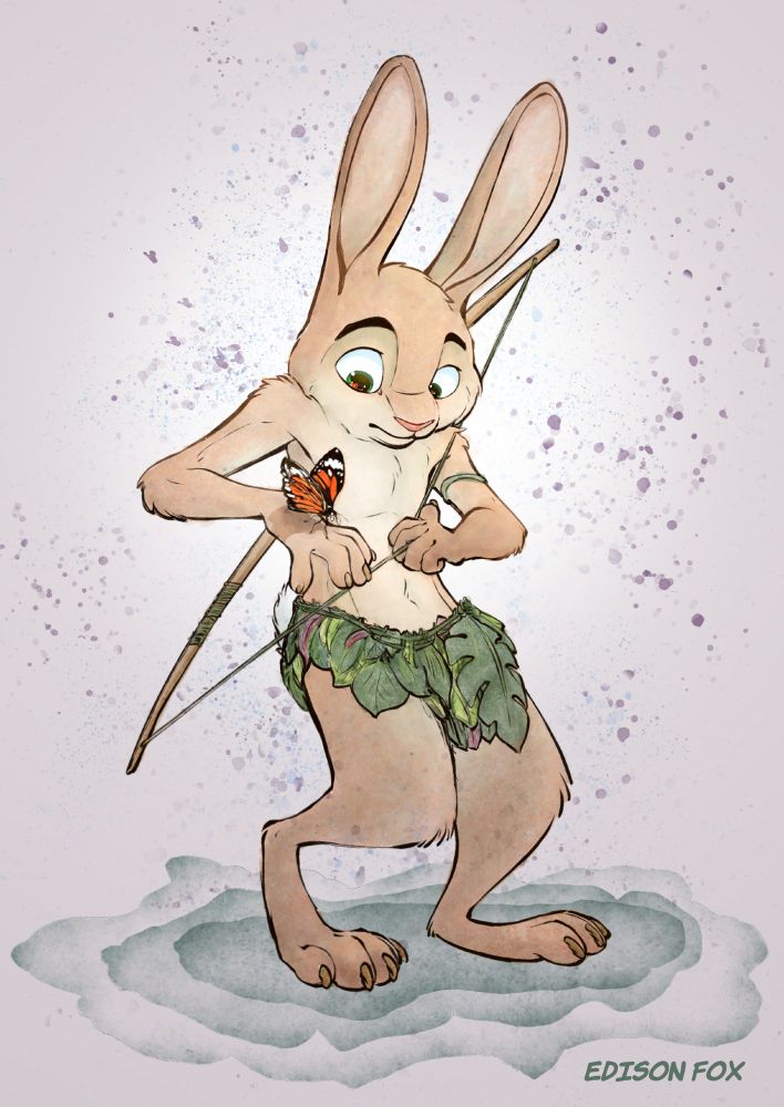 A watercolor illustration of Scuppie the prehistoric anthropomorphic bunny with a butterfly perched on his hand.