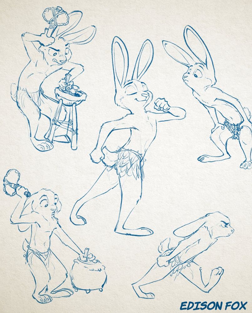 A collection of sketches of Scuppie the prehistoric anthropomorphic bunny in various exaggerated poses.