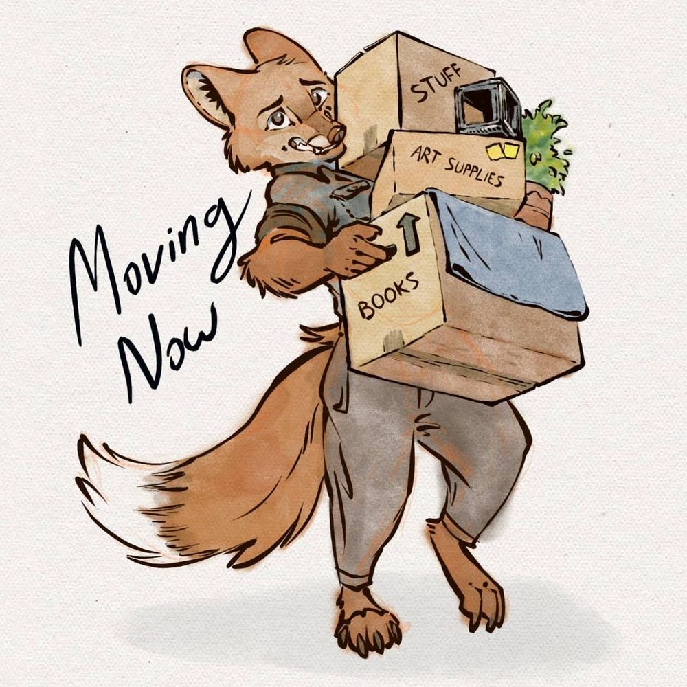 A watercolor/ink sketch of Edison the anthro fox precariously carrying a stack of boxes and assorted miscellanery.