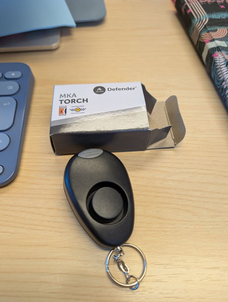 Small black keyring with a torch and pin to pull out in case of attack 