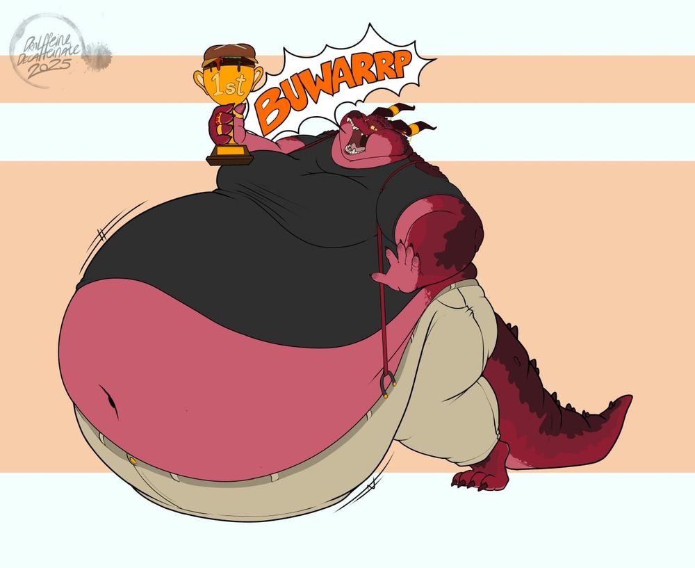 A red dragon competed in a burger eating competition and won the grand prize with a juicy burger in it. He then flaunts his massive yet rounded gut to show he may not be full yet, letting out a belch out to mark his victory!