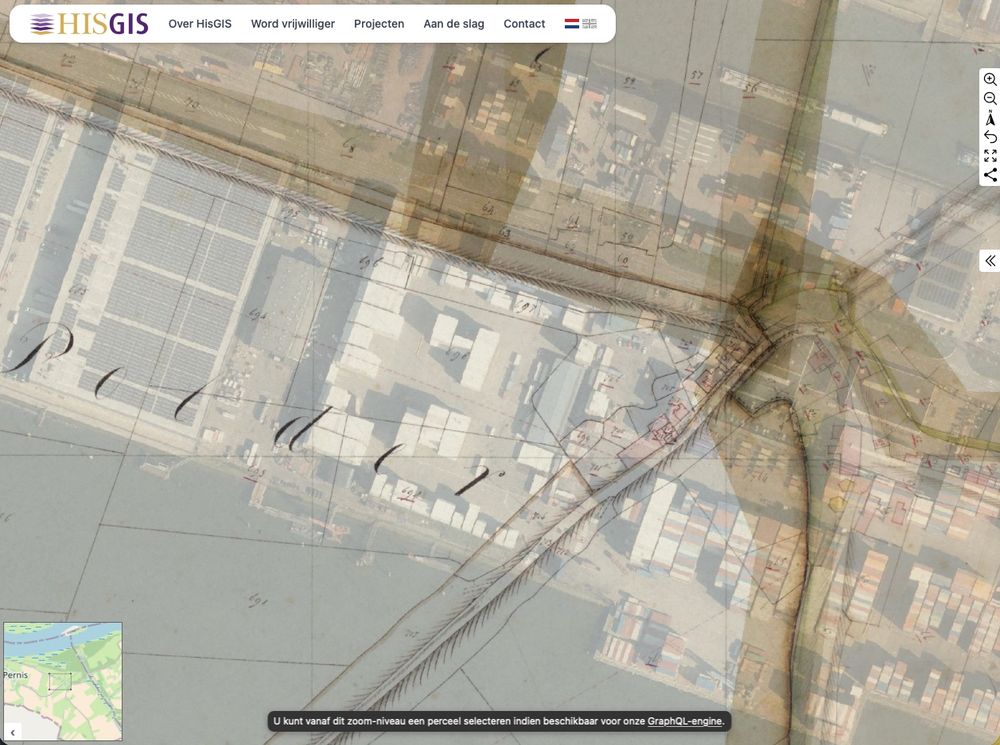 Kaart van een overslaghaven bij Pernis, met de kadasterkaart van 1832 als onderlaag.