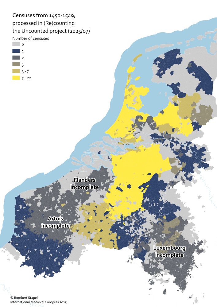 Map of the Low Countries with the frequency at which localities were included in censuses, from 1450 to 1549.