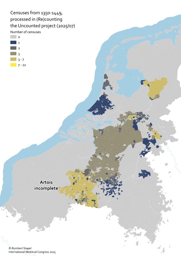 Map of the Low Countries with the frequency at which localities were included in censuses, from 1350 to 1449.