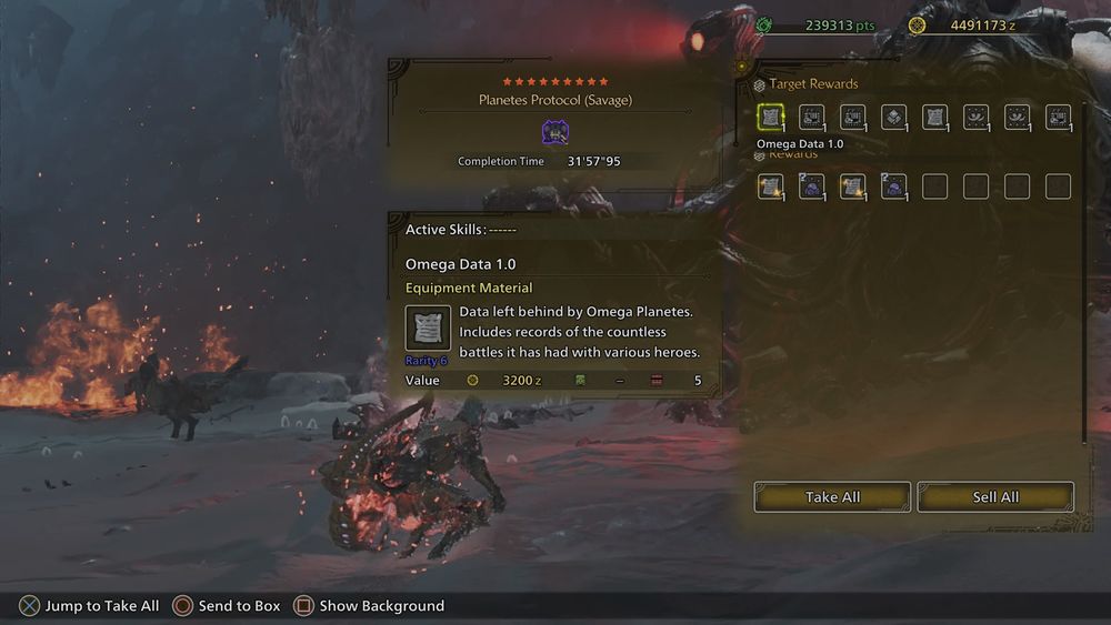 screenshot of mh wilds clear screen. Shows the S tier Omega Planetes fight with a clear time of 31'57"95